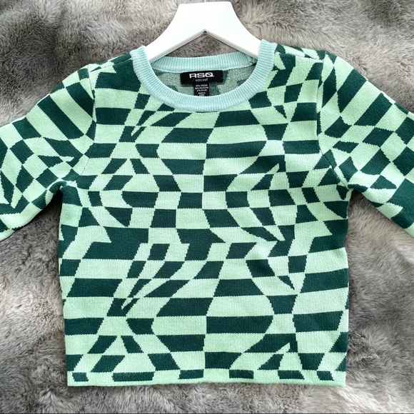 Tilly’s Mint Green Geometric Print Y2k Knit Sweater Crop Top - Picture 4 of 8